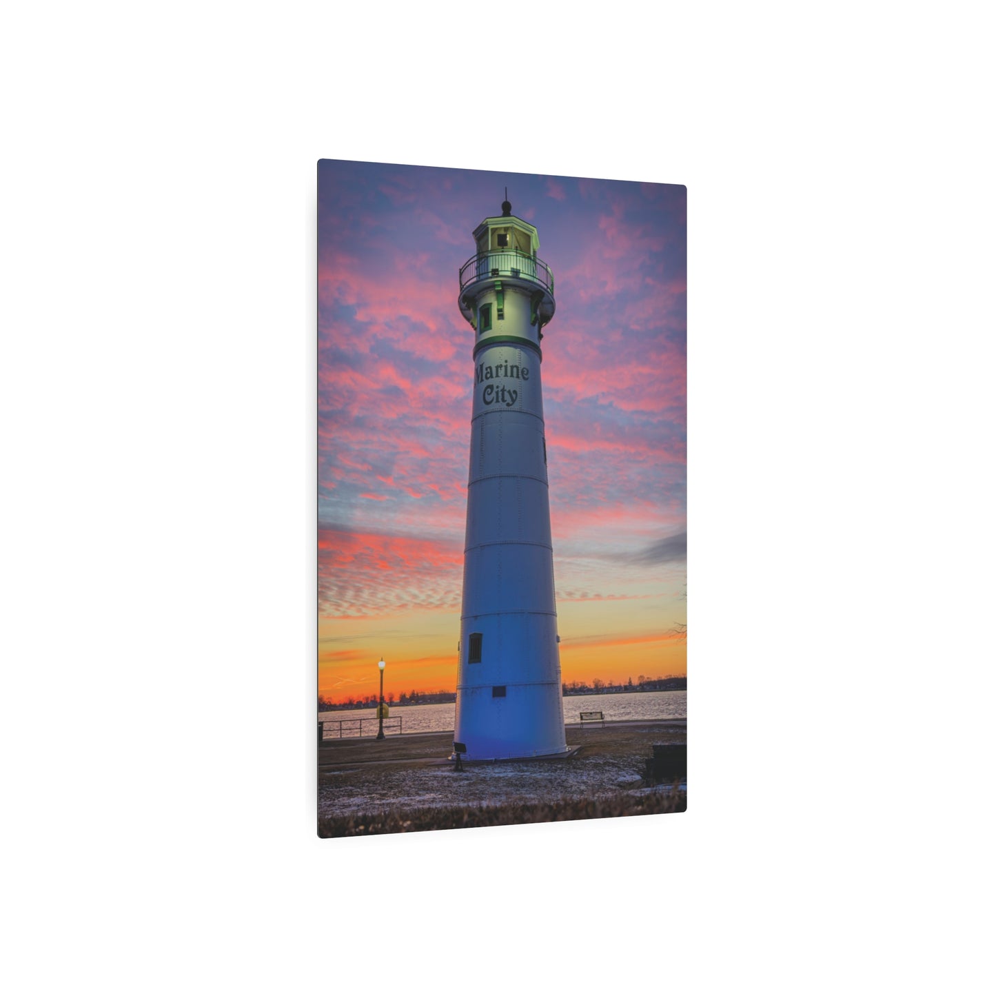 Lighthouse Sunrise Metal Art Sign — Colorful Coastal Marine Wall Decor