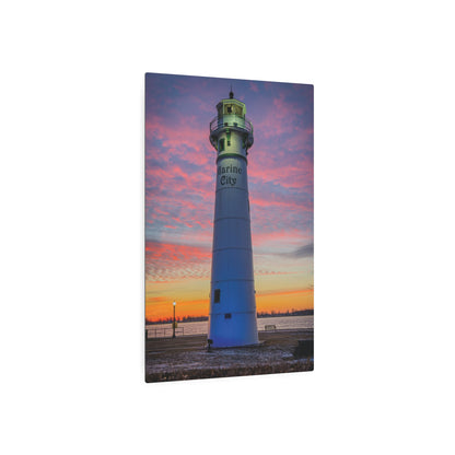 Lighthouse Sunrise Metal Art Sign — Colorful Coastal Marine Wall Decor