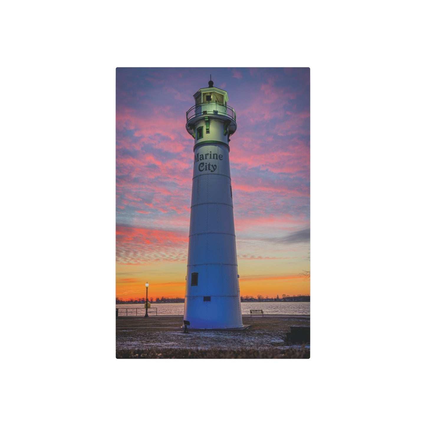 Lighthouse Sunrise Metal Art Sign — Colorful Coastal Marine Wall Decor