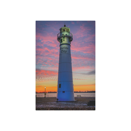 Lighthouse Sunrise Metal Art Sign — Colorful Coastal Marine Wall Decor