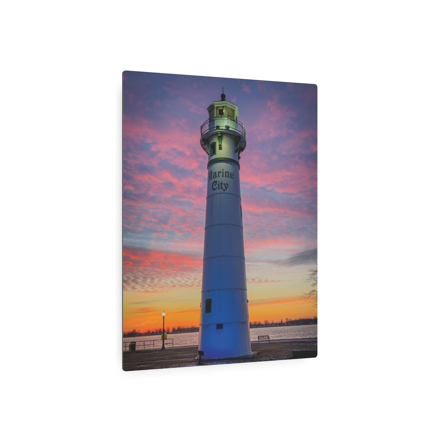 Lighthouse Sunrise Metal Art Sign — Colorful Coastal Marine Wall Decor