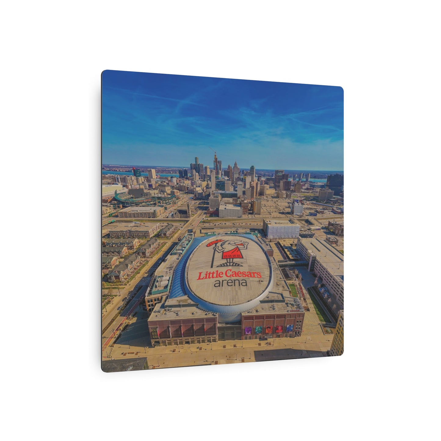 Urban Symphony: Detroit’s Skyline and Little Caesars Arena Dance in Metal Prints