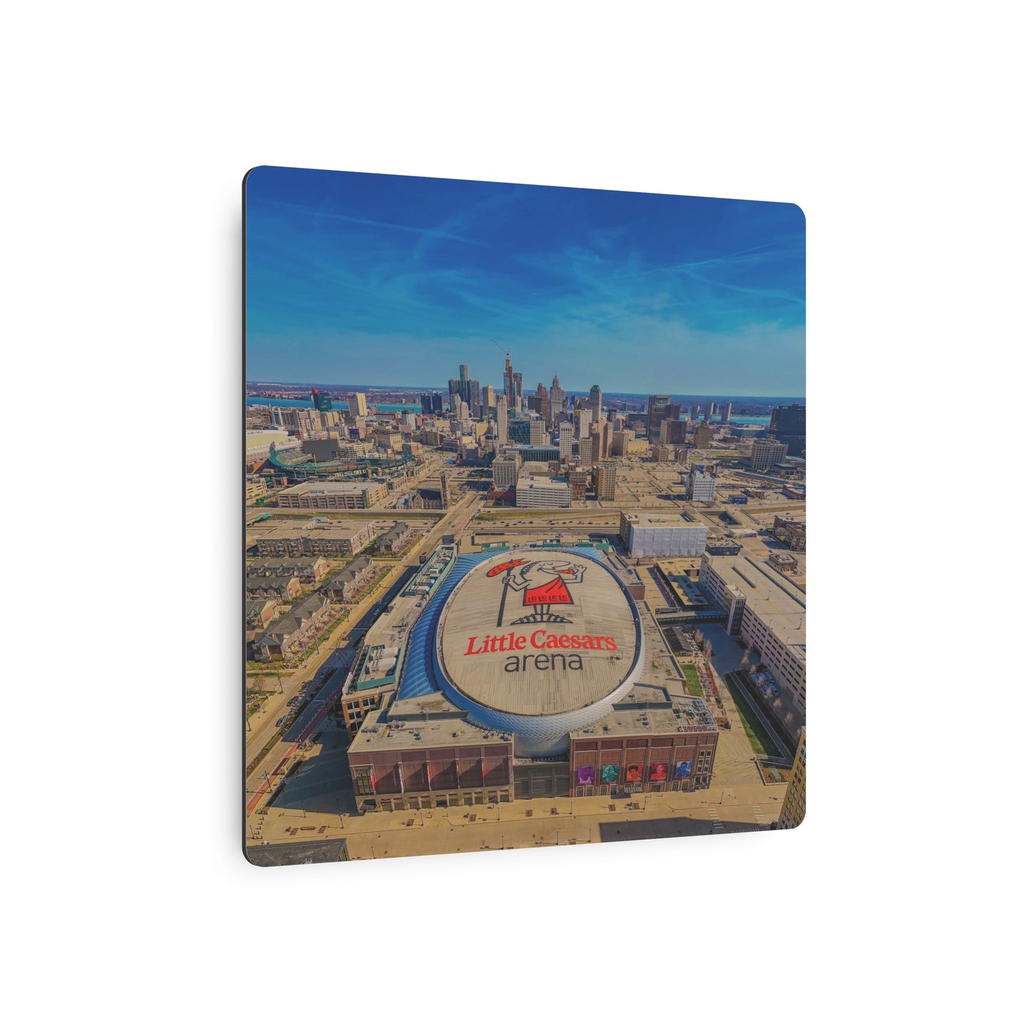 Urban Symphony: Detroit’s Skyline and Little Caesars Arena Dance in Metal Prints