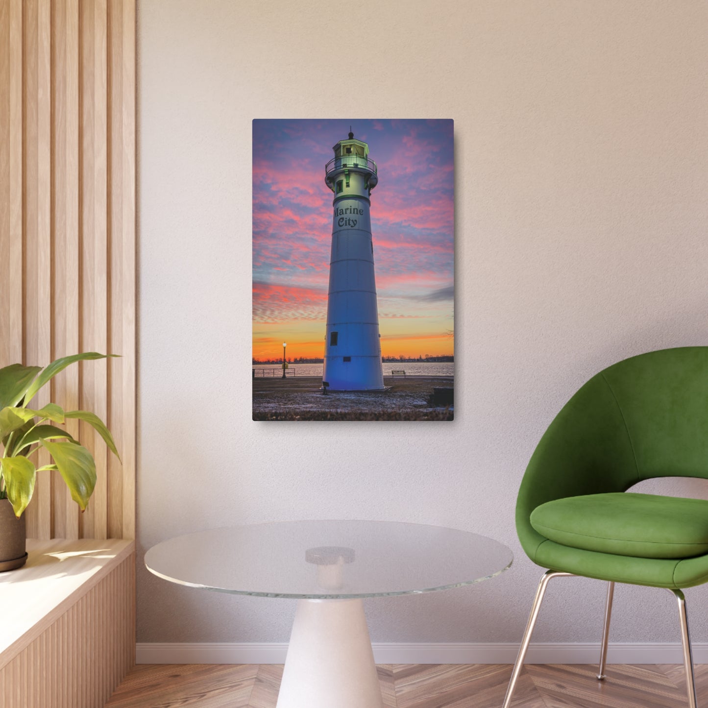Lighthouse Sunrise Metal Art Sign — Colorful Coastal Marine Wall Decor