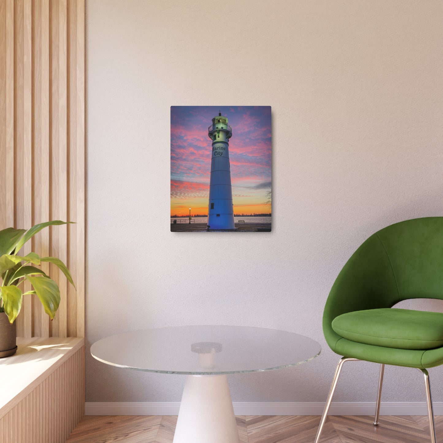 Lighthouse Sunrise Metal Art Sign — Colorful Coastal Marine Wall Decor