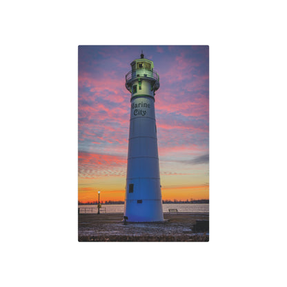 Lighthouse Sunrise Metal Art Sign — Colorful Coastal Marine Wall Decor