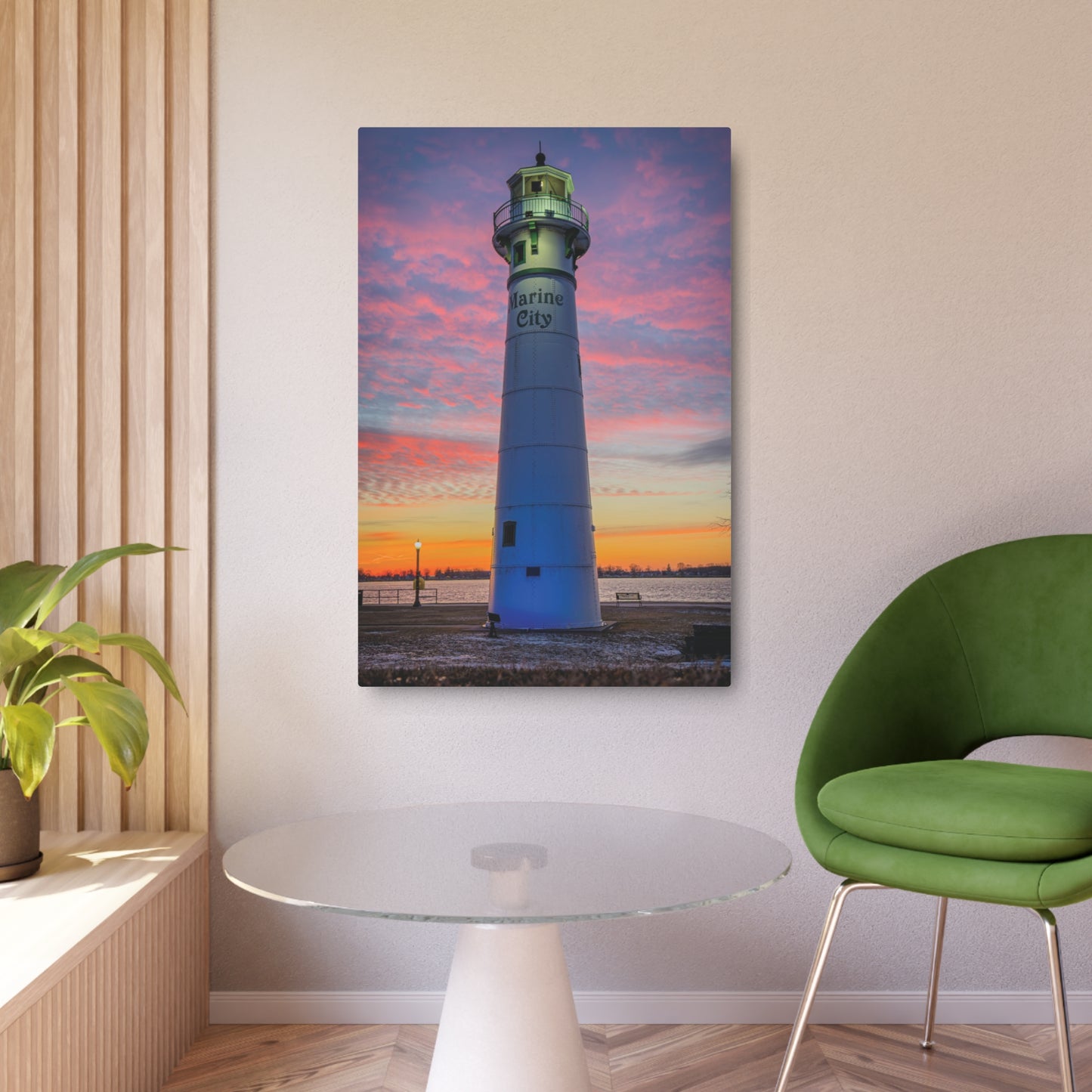 Lighthouse Sunrise Metal Art Sign — Colorful Coastal Marine Wall Decor