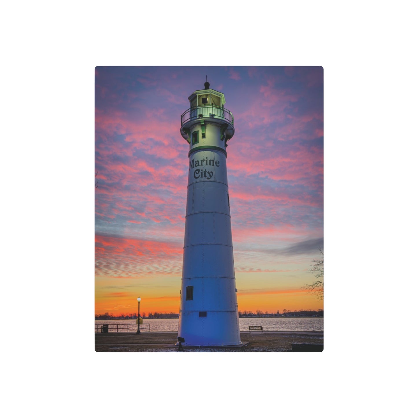 Lighthouse Sunrise Metal Art Sign — Colorful Coastal Marine Wall Decor