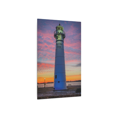 Lighthouse Sunrise Metal Art Sign — Colorful Coastal Marine Wall Decor